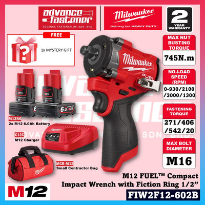 Milwaukee FIW2F12-251B / FIW2F12-0 M12 FUEL Compact Impact Wrench with Friction Ring 1/2" 745N.m