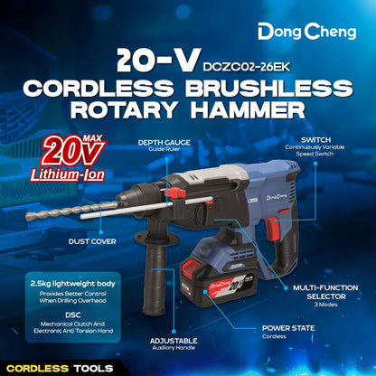 DONG CHENG 20V Brushless Cordless Combo ( DCZC02-26 20V Brushless Cordless Rotary Hammer + DCJZ20160i 20V Brushless Cordless Hammer Drill )