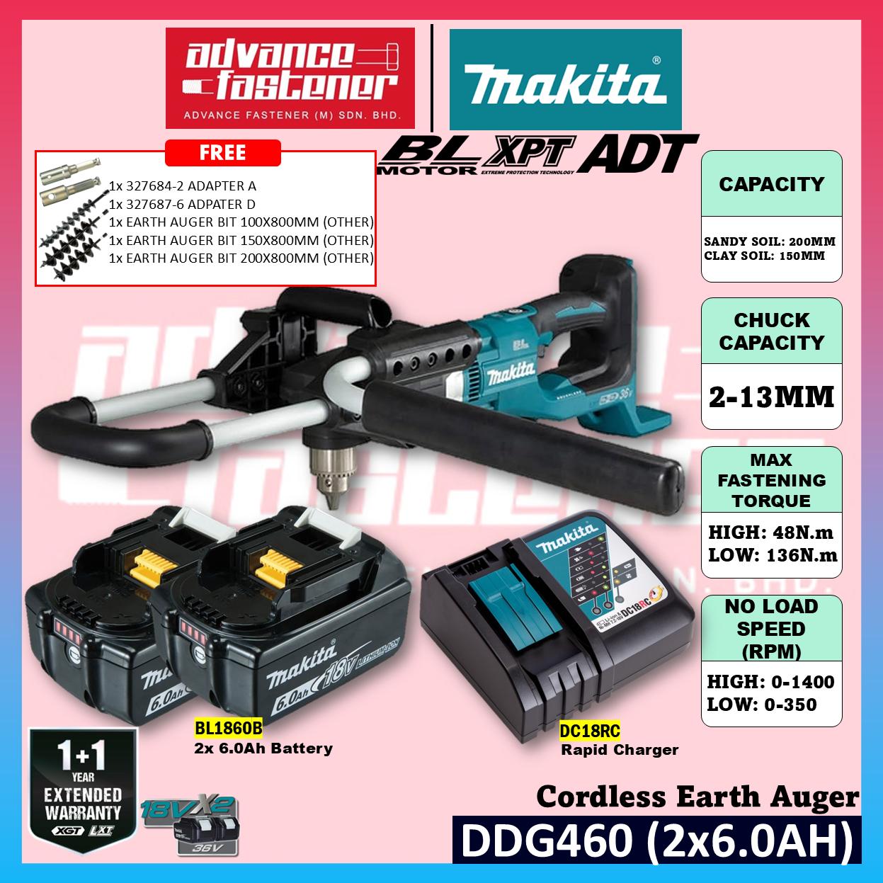 Makita DDG460 / DDG460ZX7 18Vx2 Cordless Earth Auger **FREE THREE size Earth Auger Bit