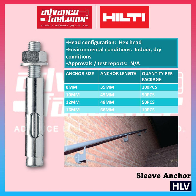 Hilti HLV Sleeve Anchor 8x35/4 & 10x45/10 & 12x48/10 & 16x68/20 (Package)