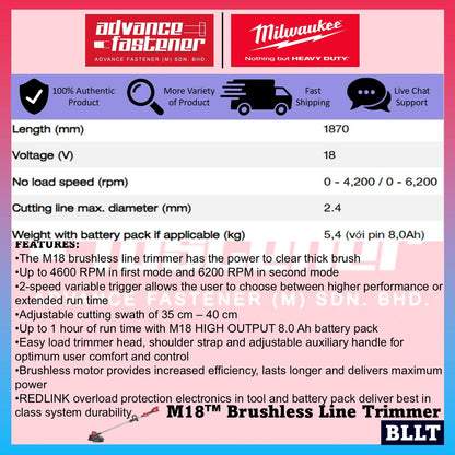 Milwaukee BLLT-801 / BLLT-0 M18 Gen II Brushless Line Trimmer Grass Trimmer