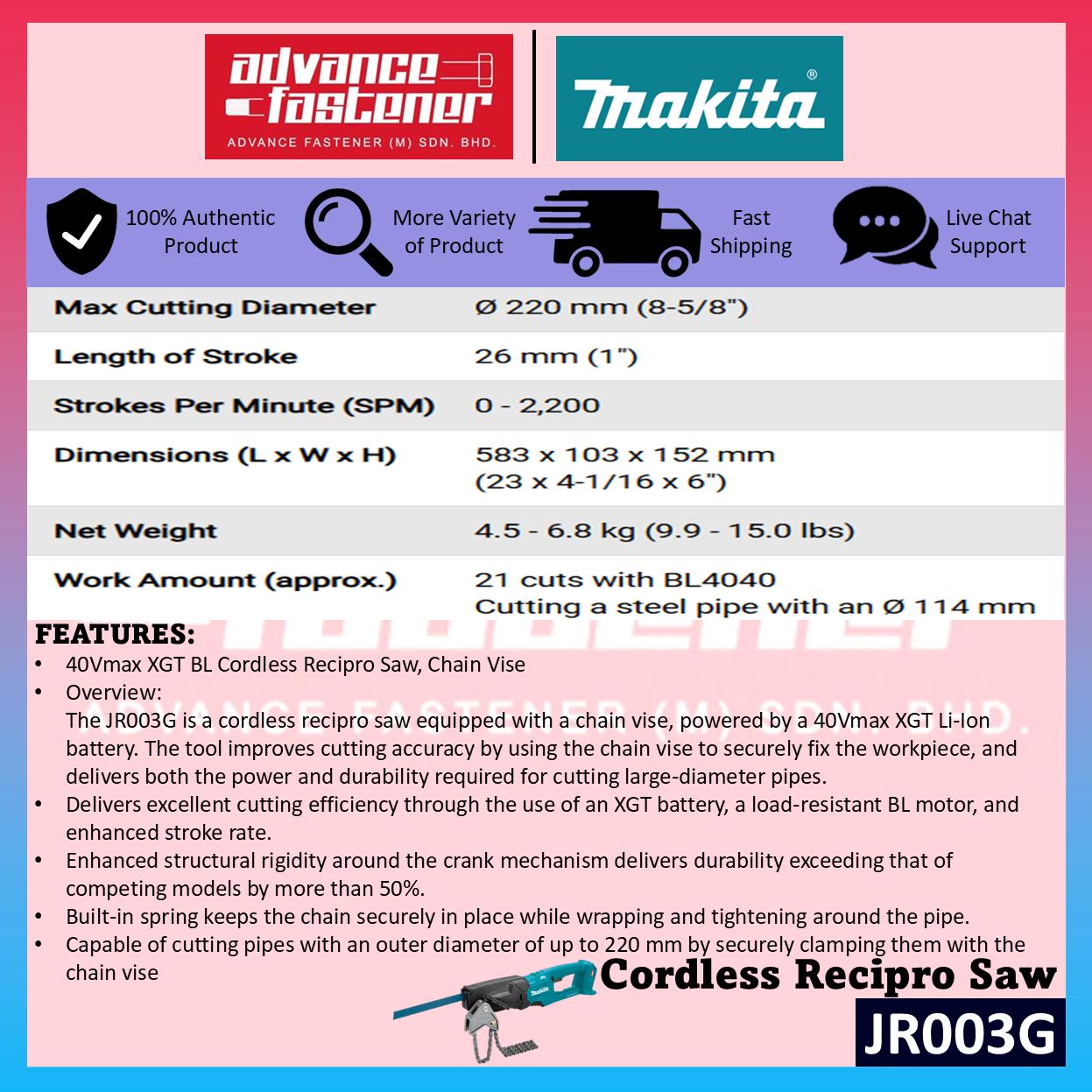 Makita JR003 / JR003GZ 40Vmax Cordless Recipro Saw Reciprocating Saw
