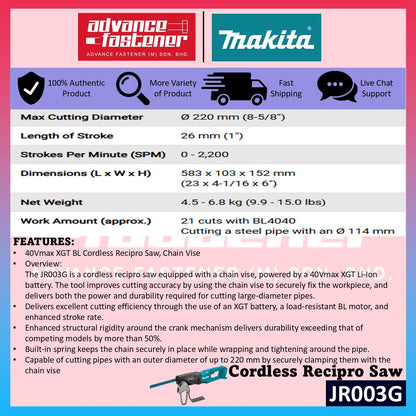 Makita JR003 / JR003GZ 40Vmax Cordless Recipro Saw Reciprocating Saw
