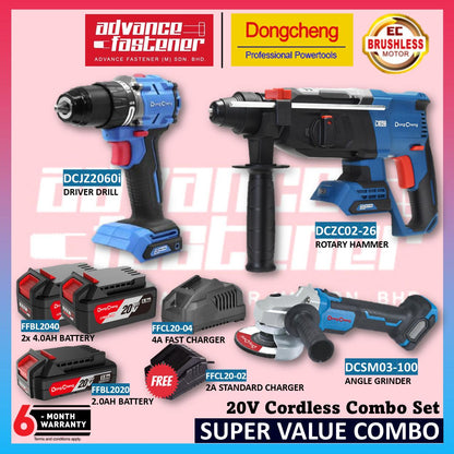 DONG CHENG 20V Brushless Combo ( DCZC02-26 20V Brushless Rotary Hammer 26mm / DCJZ2060i 20V Brushless Hammer Drill 13MM / DCPL208 20V Brushless Impact Driver / DCSM03-100 20V Brushless Angle Grinder 100MM 4" )