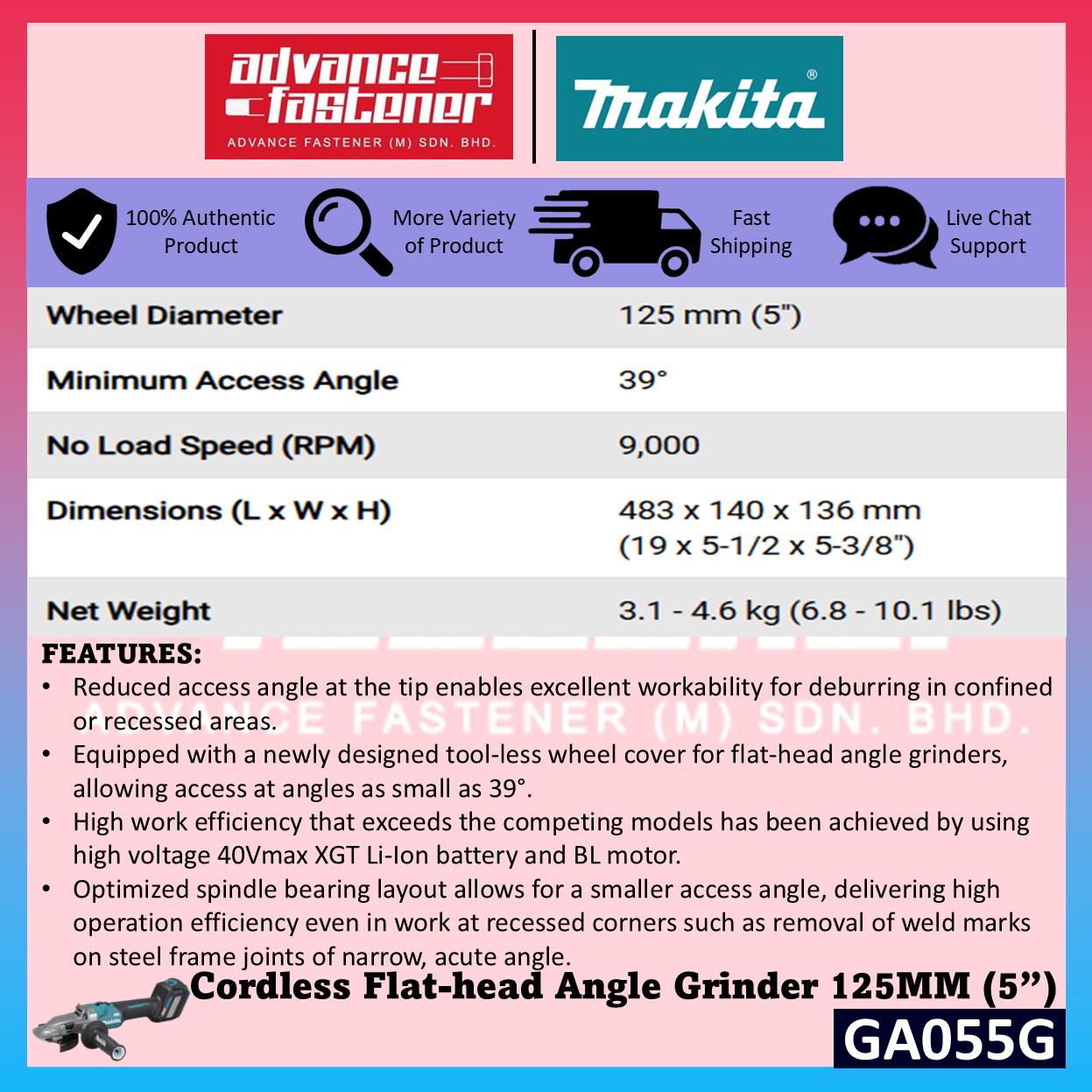 Makita GA055GZ 40Vmax Cordless Flat-head Angle Grinder 125MM (5") ( Top Slide Switch )