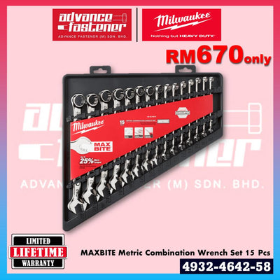 Milwaukee 4932-4642-58 MAXBITE Metric Combination Wrench Set 15 Pcs