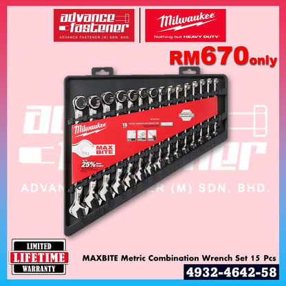 Milwaukee 4932-4642-58 MAXBITE Metric Combination Wrench Set 15 Pcs