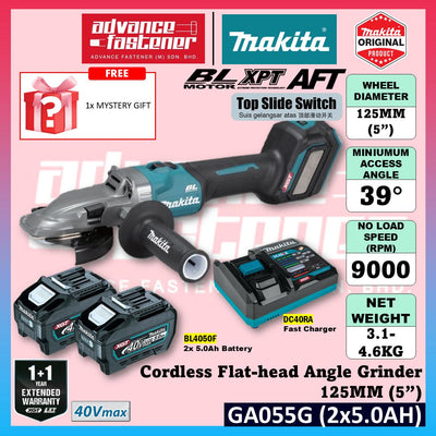 Makita GA055GZ 40Vmax Cordless Flat-head Angle Grinder 125MM (5") ( Top Slide Switch )
