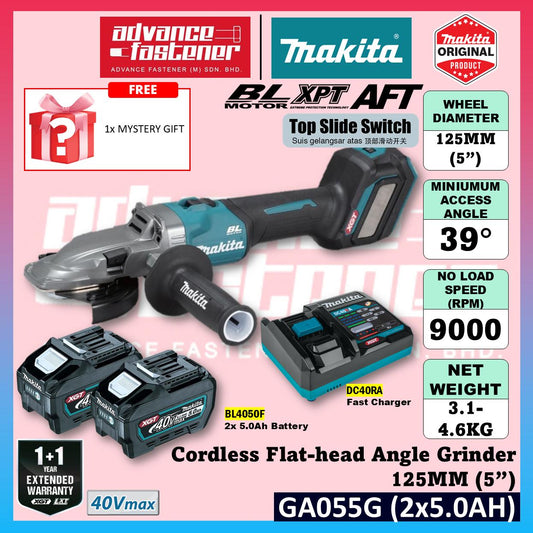 Makita GA055GZ 40Vmax Cordless Flat-head Angle Grinder 125MM (5") ( Top Slide Switch )