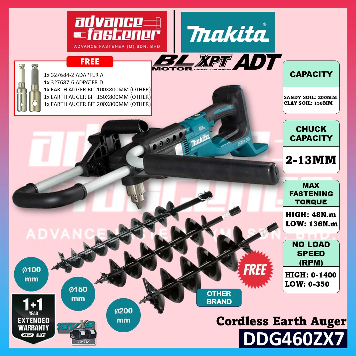 Makita DDG460 / DDG460ZX7 18Vx2 Cordless Earth Auger **FREE THREE size Earth Auger Bit