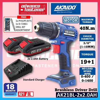 Akaido AK21BL 21V Brushless Cordless Driver Drill 10MM
