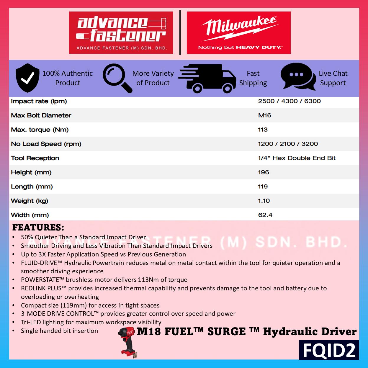 Milwaukee FQID2-502 / FQID2-0 M18 FUEL SURGE Hydraulic Driver Impact Driver 1/4" Hex 113N.m
