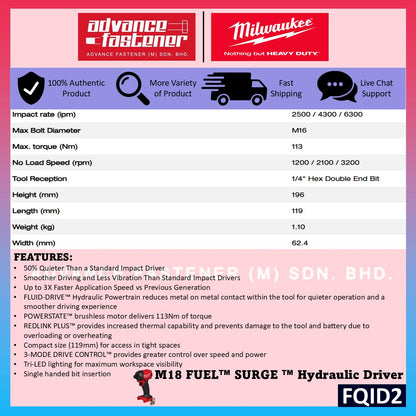 Milwaukee FQID2-502 / FQID2-0 M18 FUEL SURGE Hydraulic Driver Impact Driver 1/4" Hex 113N.m