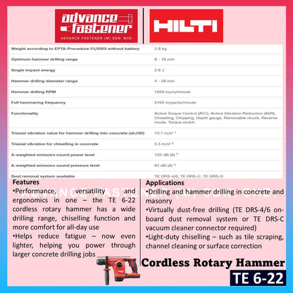 Hilti TE 6-22 Cordless Rotary Hammer