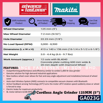 MAKITA GA023GZK / GA023GZ 40Vmax Cordless Angle Grinder 125MM ( 5" ) ( Top Slide Switch )