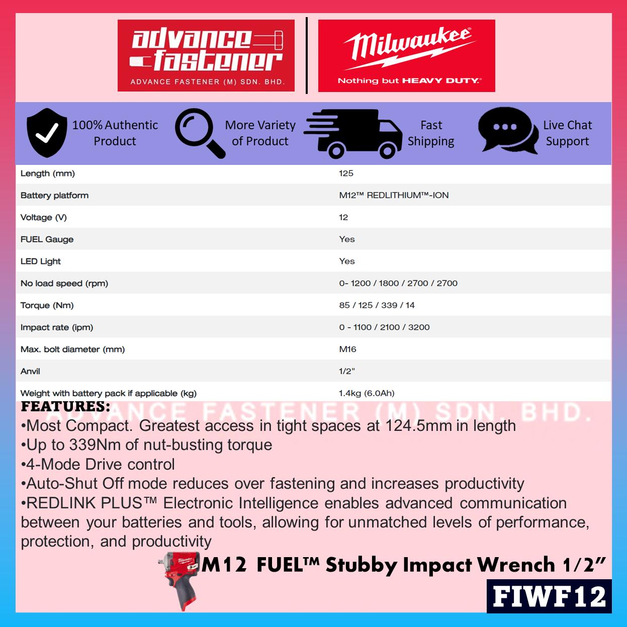 Milwaukee FIWF12-0C / FIWF12-301B / FIWF12-251B M12 Fuel Stubby Impact Wrench 1/2" ( FIWF12 )