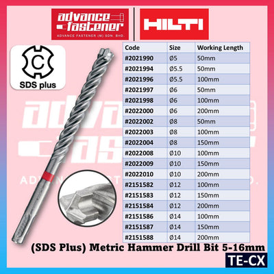HILTI TE-CX SDS Plus Metric Hammer Drill Bit ( 1 pcs ) Size: 5MM 5.5MM 6MM 8MM 10MM 12MM 14MM 16MM