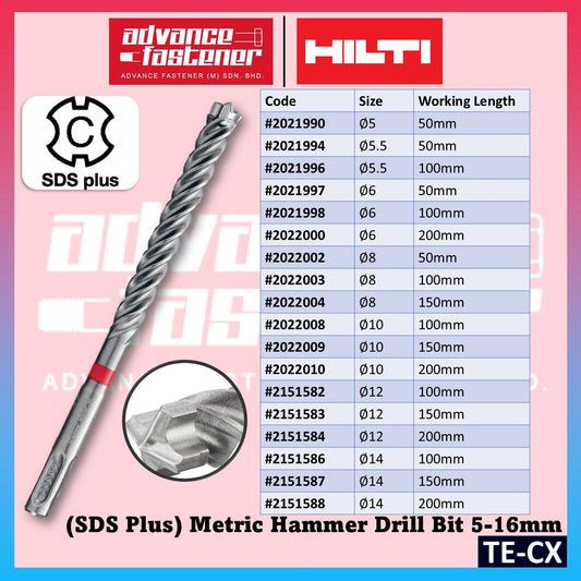 HILTI TE-CX SDS Plus Metric Hammer Drill Bit ( 1 pcs ) Size: 5MM 5.5MM 6MM 8MM 10MM 12MM 14MM 16MM