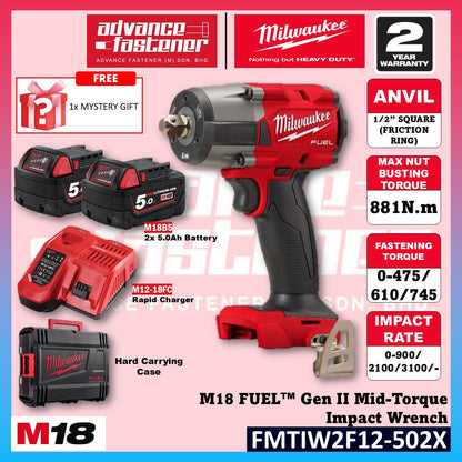 Ready Stock | Original Milwaukee M18 FUEL Impact Wrench Combo Set ( FMTIW2F12 Mid Torque Impact Wrench + FIW212 Compact Impact Wrench )  | 2 Year Warranty | Fast Shipping