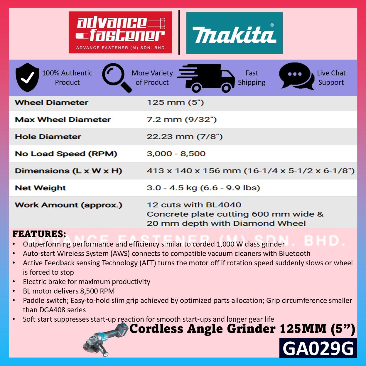 MAKITA GA029GZK 40V Cordless Angle Grinder 125MM ( 5" ) ( Paddle Switch )