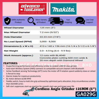 MAKITA GA029GZK 40V Cordless Angle Grinder 125MM ( 5" ) ( Paddle Switch )