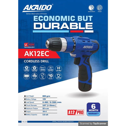 AKAIDO AK12EC A12PRO 12V Cordless Drill 25Nm (3 pcs 2.0Ah Battery & 1 pc Charger) (6 Ｍonth Warranty)