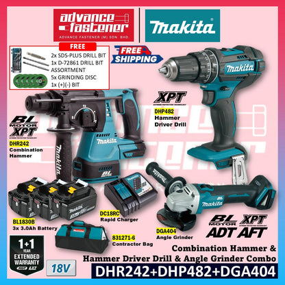 MAKITA 18V Cordless Combo Set ( DHR242 18V Cordless Combination Hammer DHP482 18V Cordless Hammer Driver Drill DGA404 18V Cordless Angle Grinder DTD156 18V Cordless Impact Driver )