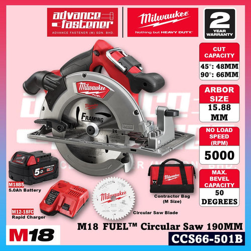 Milwaukee CCS66-501B / CCS66-0 M18 FUEL Circular Saw 190mm (7-1/4")