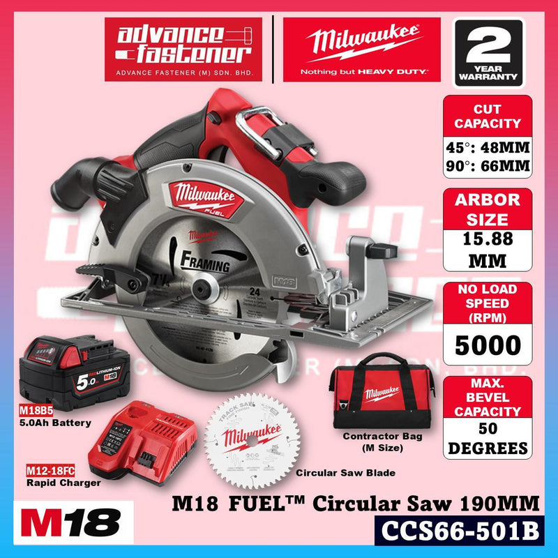 Milwaukee CCS66-501B / CCS66-0 M18 FUEL Circular Saw 190mm (7-1/4