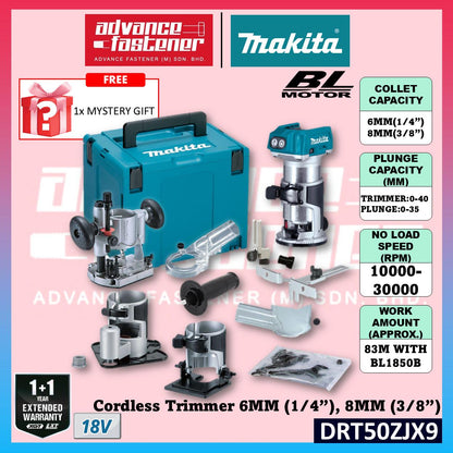 Makita DRT50ZJX9 / DRT50Z 18V Cordless Trimmer Router 6MM (1/4") , 8MM (3/8") | Mesin Trimmer Kayu