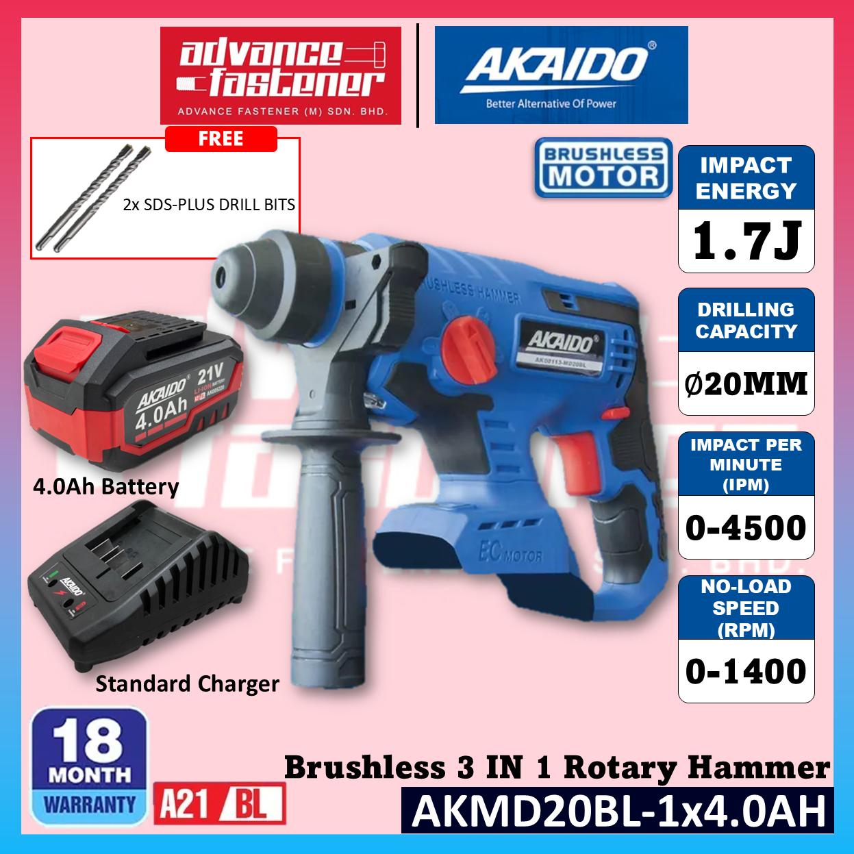 Akaido AKMD20BL 21V Brushless Cordless 3 IN 1 Rotary Hammer 20MM 1.7J