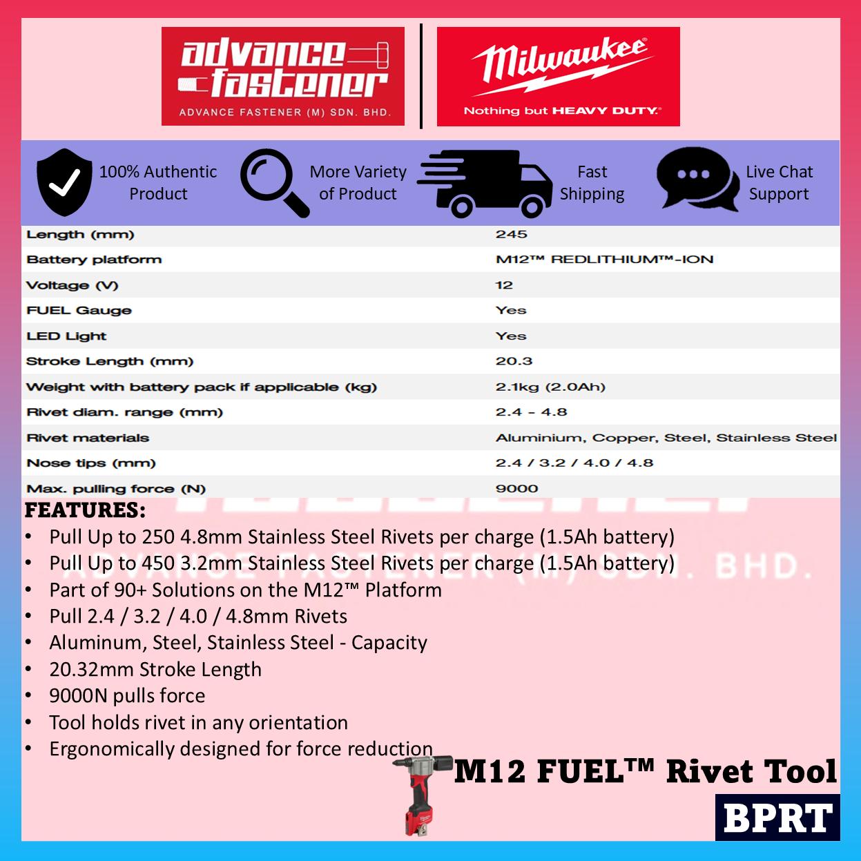 Ready Stock | Original Milwaukee BPRT-201C / BPRT-0C M12 Rivet Tool