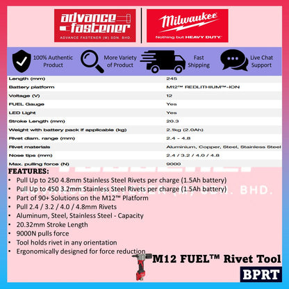 Ready Stock | Original Milwaukee BPRT-201C / BPRT-0C M12 Rivet Tool