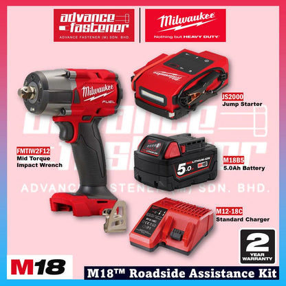 Milwaukee M18 Roadside Assistance Kit ( FMTIW2F12-0X0 M18 FUEL Gen II Mid-Torque Impact Wrench 1/2" / JS2000-0 M18 Jump Starter / BI-0 M18 Inflator )