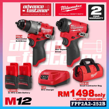 Milwaukee M12 FPP2A20-302X SA ESSENTIAL Combo ( FPD2-0 Percussion Drill / Driver 13mm & FID2-0 Hex Impact Driver 1/4" )