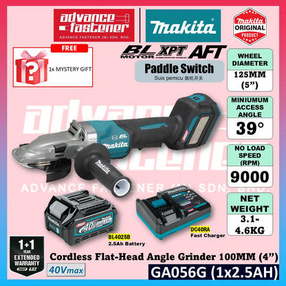 Makita GA056GZ 40Vmax Cordless Flat-head Angle Grinder 125MM (5") ( Paddle Switch )