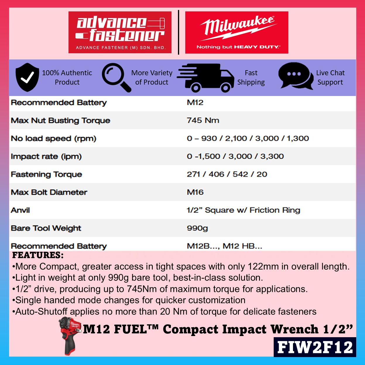 Milwaukee FIW2F12-251B / FIW2F12-0 M12 FUEL Compact Impact Wrench with Friction Ring 1/2" 745N.m