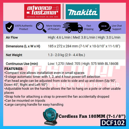 MAKITA DCF102 / DCF102Z 18V Cordless Fan 180MM (7-1/8")