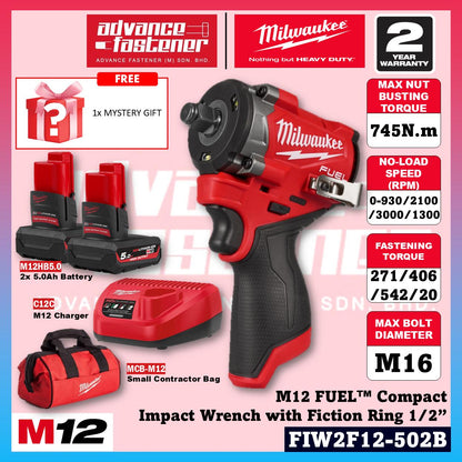Milwaukee FIW2F12-251B / FIW2F12-0 M12 FUEL Compact Impact Wrench with Friction Ring 1/2" 745N.m