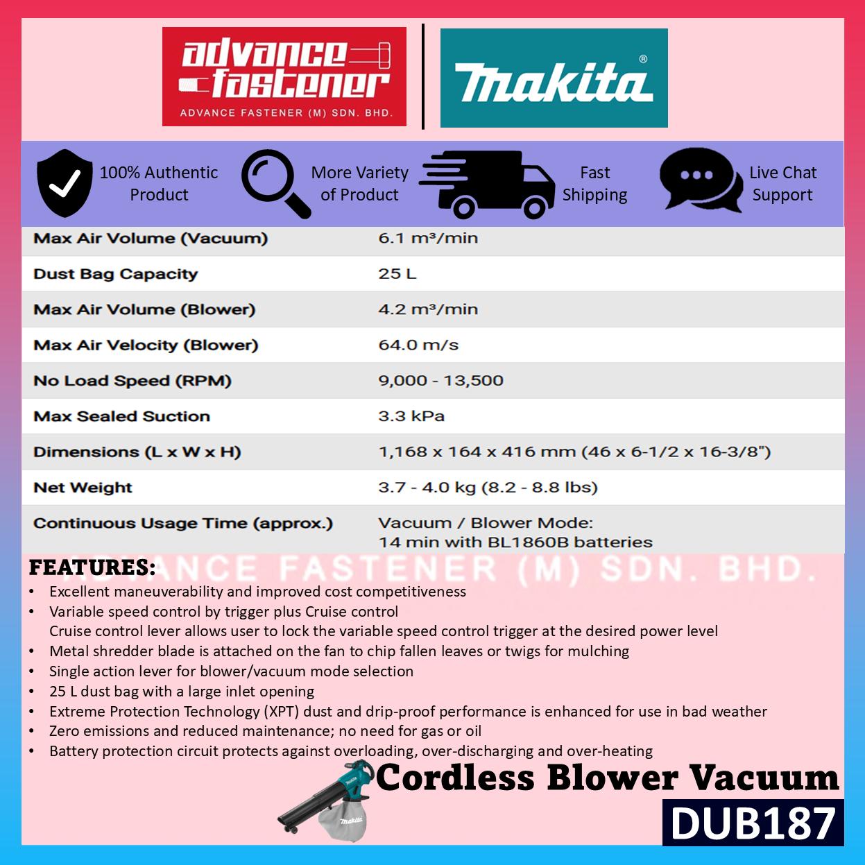 MAKITA DUB187Z / DUB187 18V Cordless Blower Vacuum