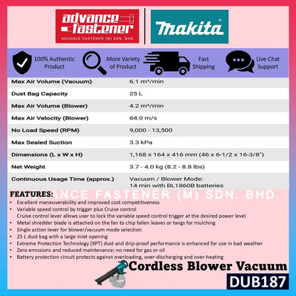 MAKITA DUB187Z / DUB187 18V Cordless Blower Vacuum