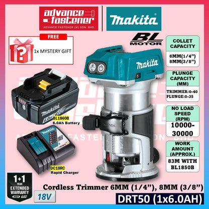 Makita DRT50ZJX9 / DRT50Z 18V Cordless Trimmer Router 6MM (1/4") , 8MM (3/8") | Mesin Trimmer Kayu