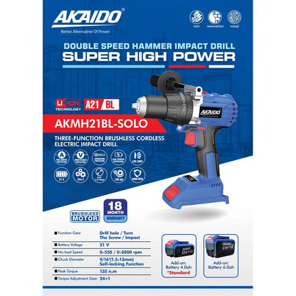 Akaido CB2MH959 PREMIUM SAVE COMBO 21V ( AKMH21BL Impact Driver / AK21BL-13mm Drill )