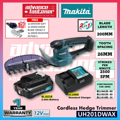 FREE SHIPPING | READY STOCK MAKITA UH201DWAX / UH201DZ 12Vmax Cordless Hedge Trimmer 200MM (7-7/8")