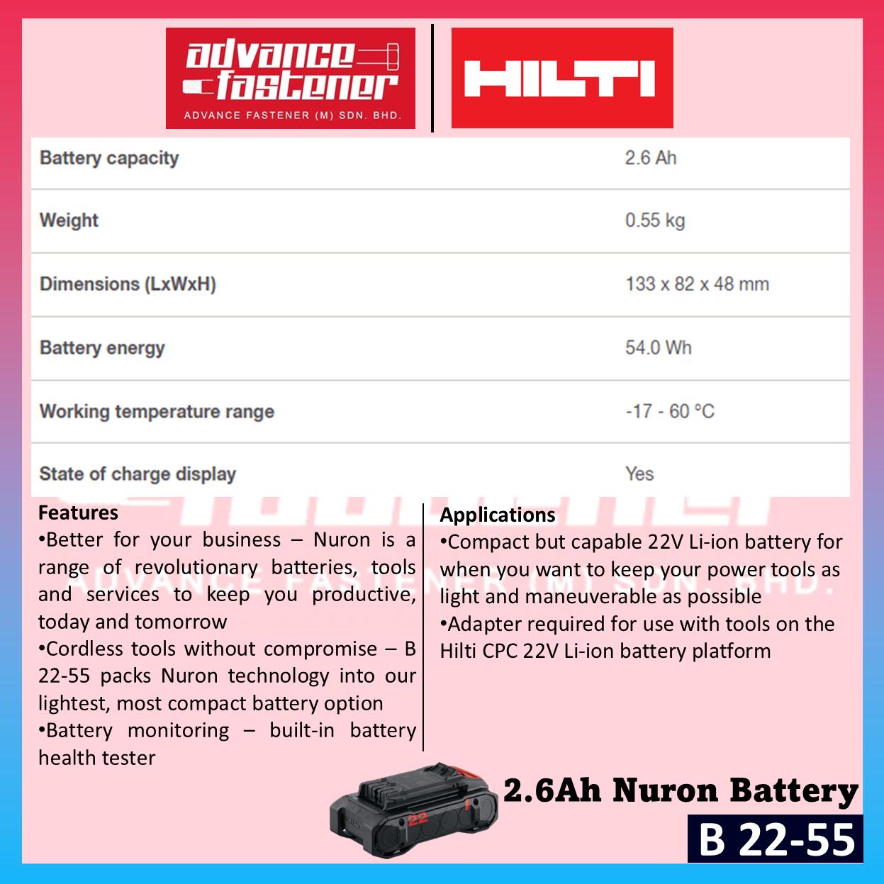 Hilti B 22-85 / B 22-55 / C 6-22 Nuron 2.6Ah / 4.0Ah Battery & 230V Fast Charger