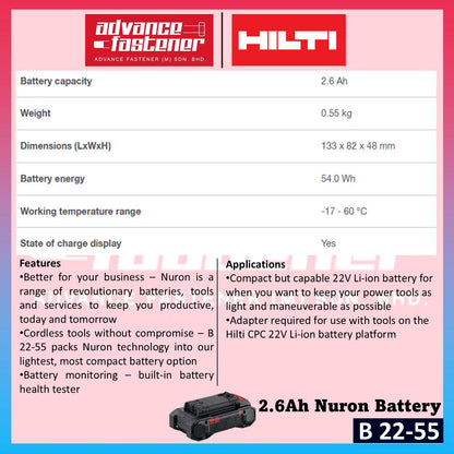 Hilti B 22-85 / B 22-55 / C 6-22 Nuron 2.6Ah / 4.0Ah Battery & 230V Fast Charger