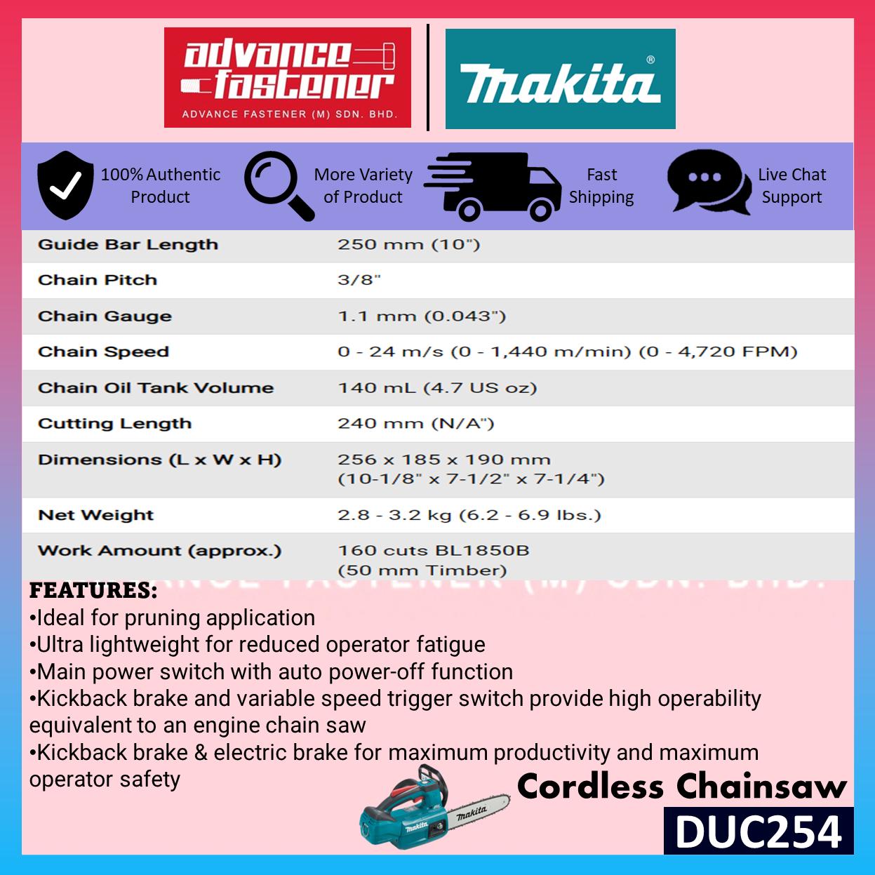 MAKITA DUC254 / DUC254Z001 / DUR191LRT2 18V Cordless Chain Saw 250MM (10") / Grass Trimmer