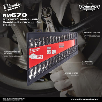 Milwaukee 4932-4642-58 MAXBITE Metric Combination Wrench Set 15 Pcs