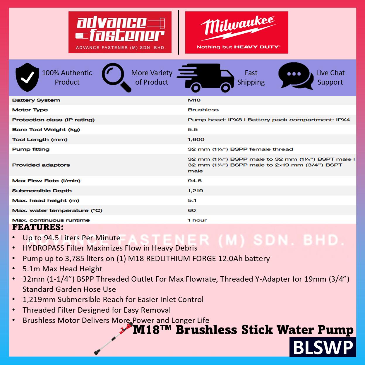 Milwaukee BLSWP-121 / BLSWP-0 M18 Brushless Stick Water Pump