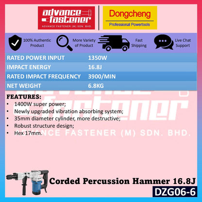 Dong Cheng DZG06-6 Corded Percussion Hammer / Demolition Hammer 16.8J 1350W